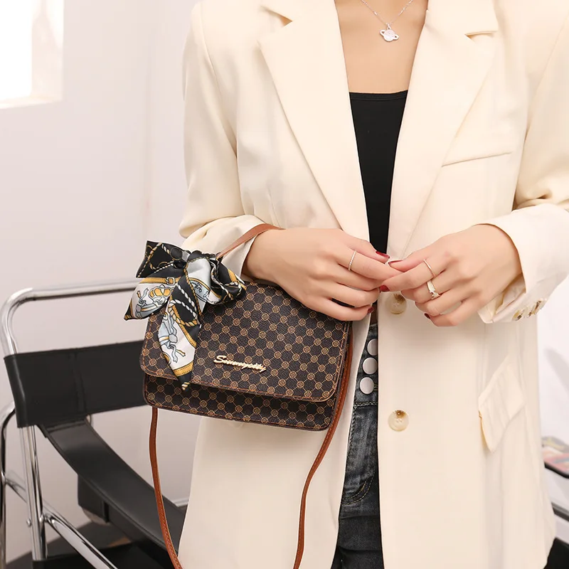 Tote with Scarf Bag Summer PU Leather Printing Shoulder Crossbody Shoulder Bag Cell Phone Square Bag for Women