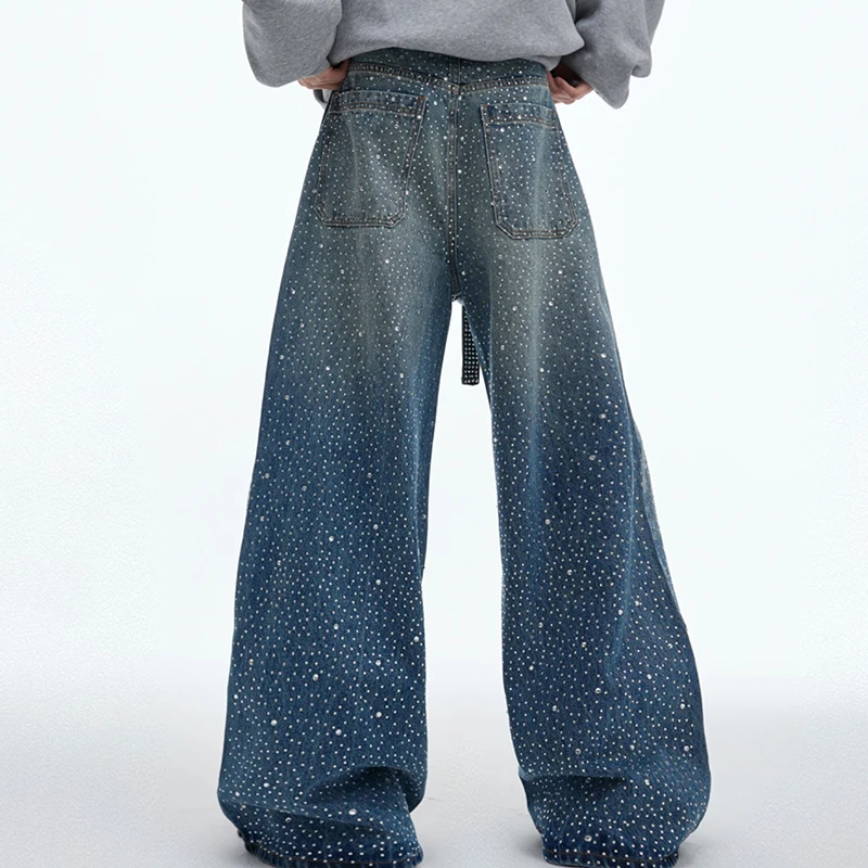 FEWQ New Starry Ribbon Jeans Niche Loose Wide Leg Pants 2024 Vintage Korea Fashion Male Trousers High Street 24E2100