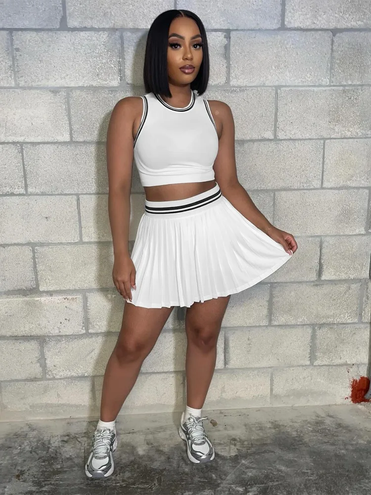 

Leosoxs Sporty Fashion Women O-neck Mini Tank Top and Pleated Mini Skirt Suit 2025 Summer Vacation Fitness Two 2Piece Set Outfit