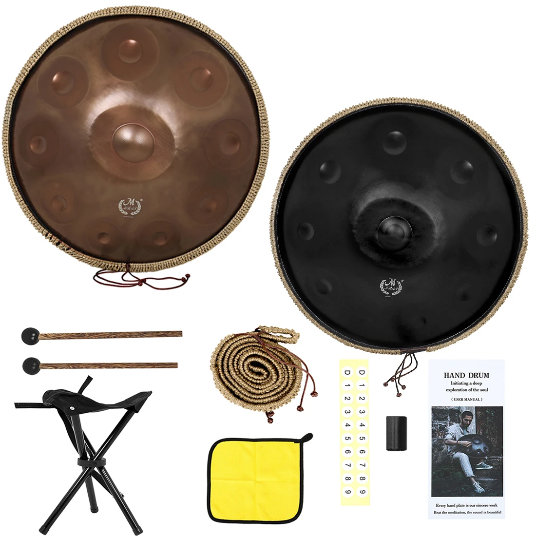 Tambor de mão de dez tons de aço inoxidável de 22 polegadas disponível Tambor de mão preto/dourado em D menor Kurd 9 10 12 notas Tambor de mão de aço 440 Hz