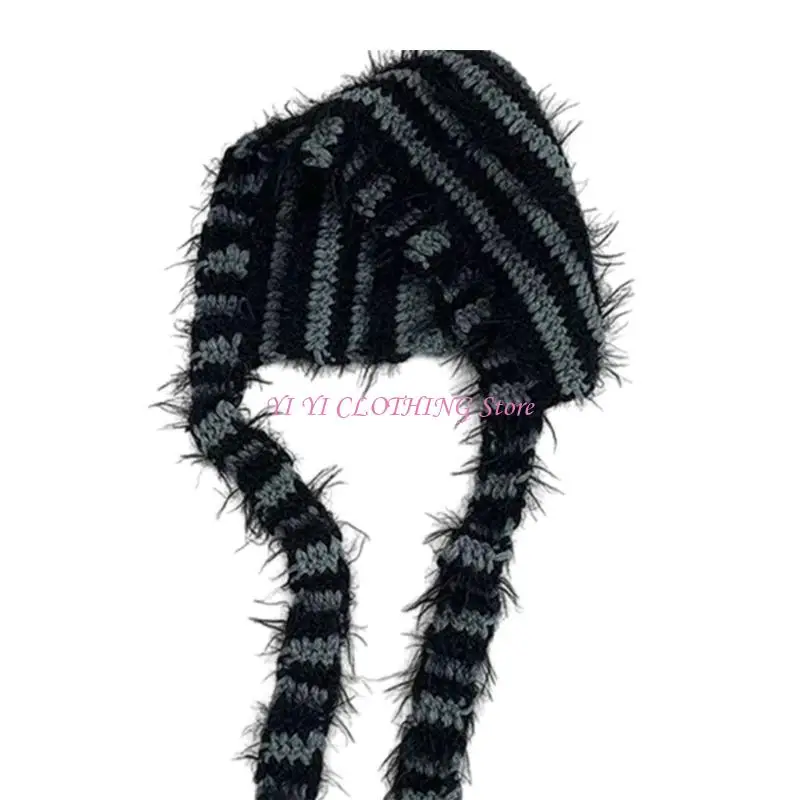 

N5KF Furry Striped Hat for Women Handmade Tieup Hat Elegant 2000s Skull Hat Pullover Hat Knitted Hat All Matching Hat