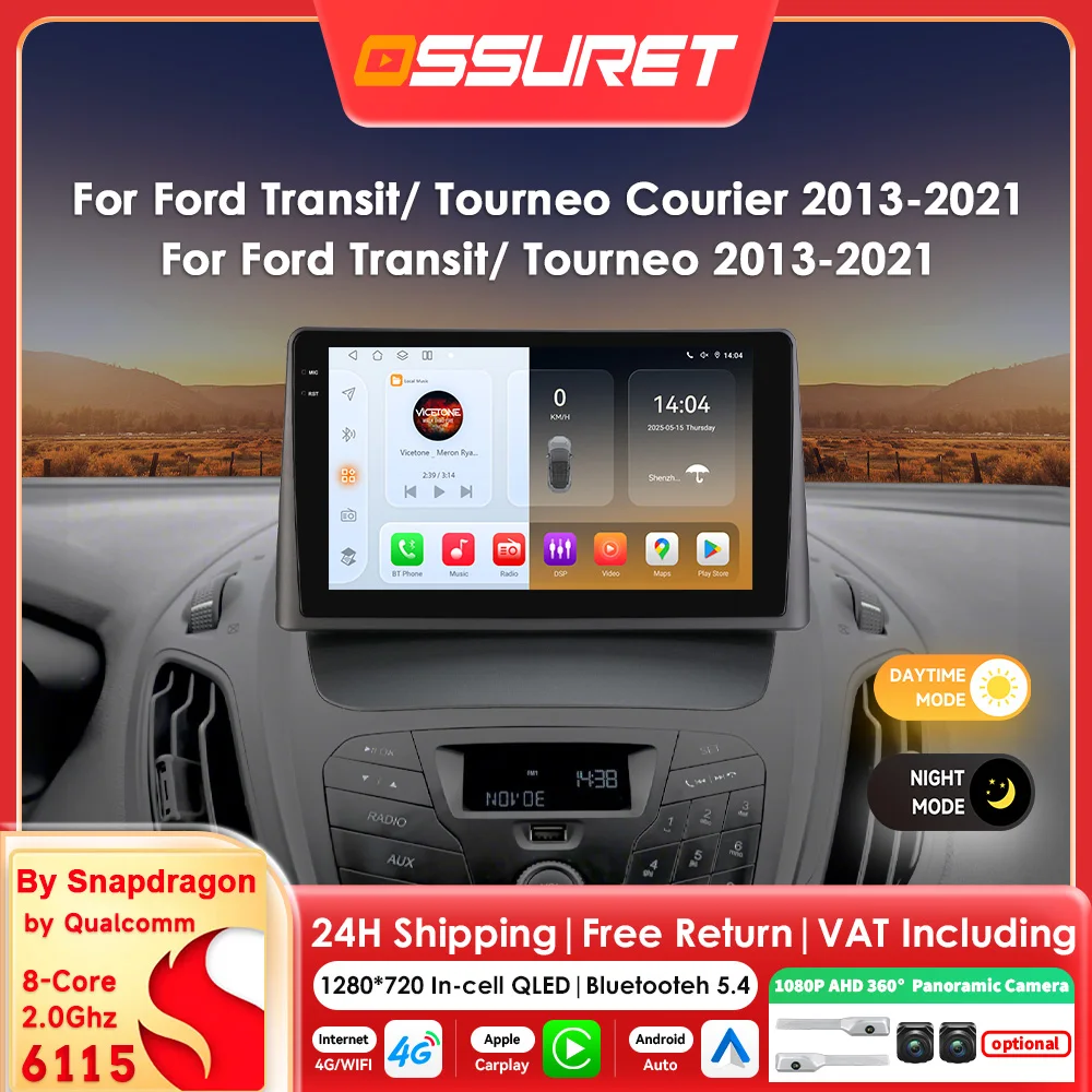 Autoradio Android 14 8Core per Ford Transit Tourneo Courier 2013-2021, Lettore Multimediale GPS con Telecamera 360, Carplay e Android Auto