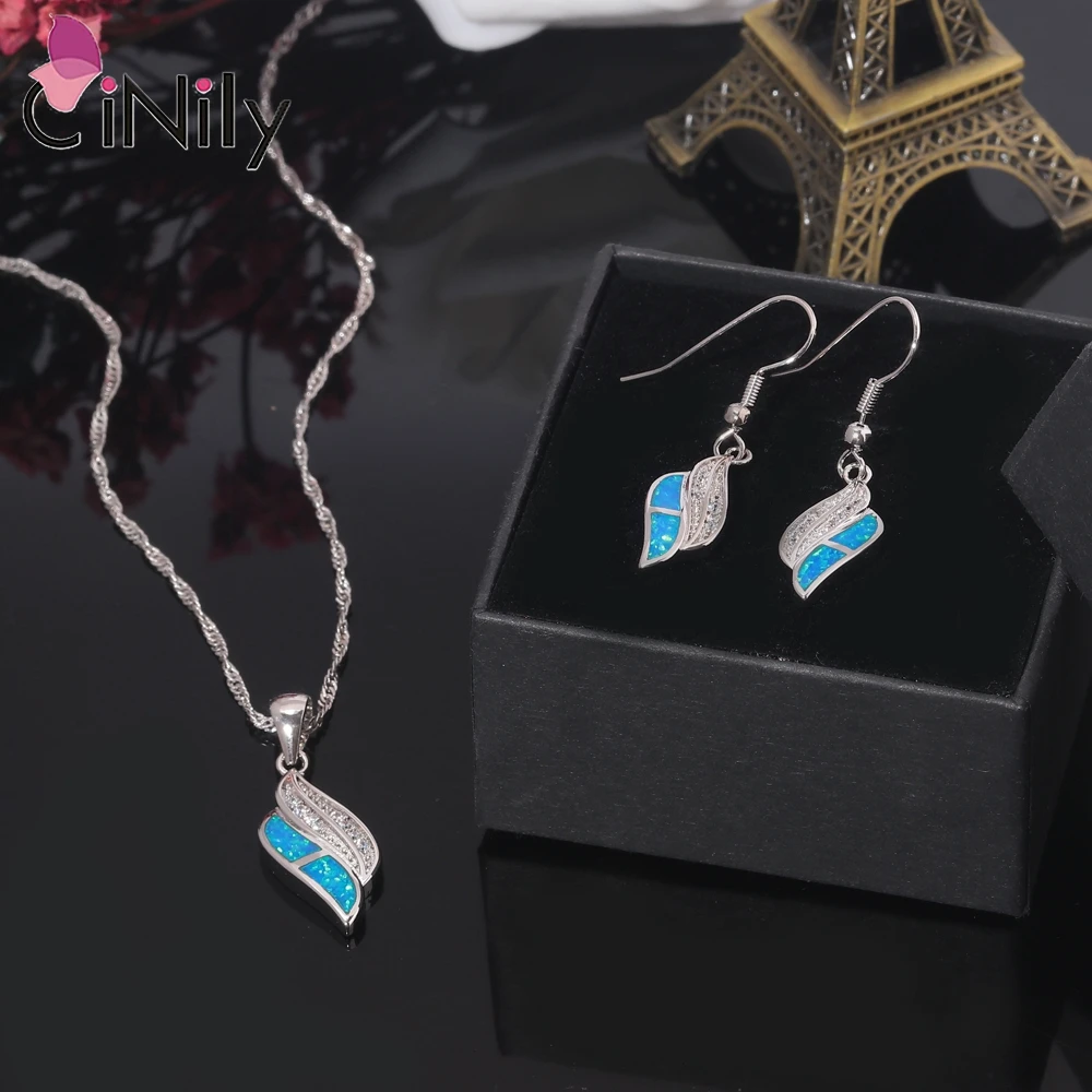 CiNily Created Blue Fire Opal Pendant Necklace & Drop Dangle Earrings with Zircon Silver Plated Jewelry Sets for Woman