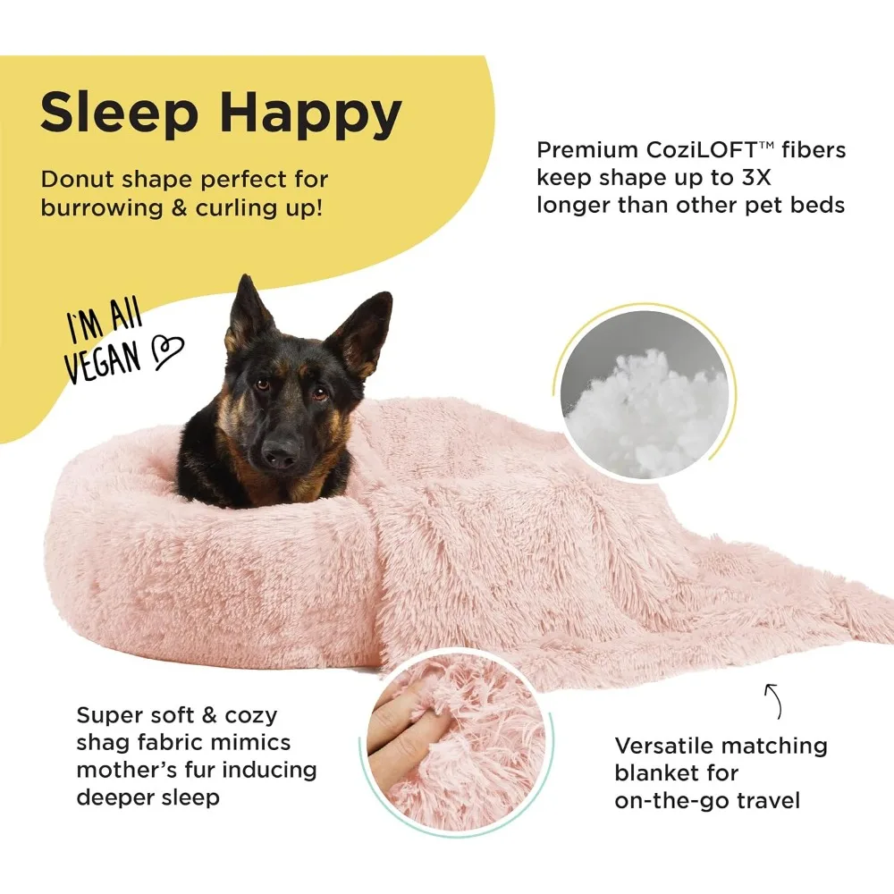 Bundle Set The Original Calming Shag Donut Cuddler Cat and Dog Bed + Pet Throw Blanket Cotton Candy Pink Large 36