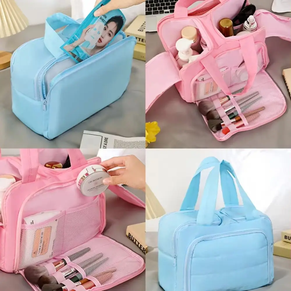 Multipocket Design Cosmetic Handbag Comfortable Handle Large Capacity Travel Toiletry Bag Double Side Open Easy Access