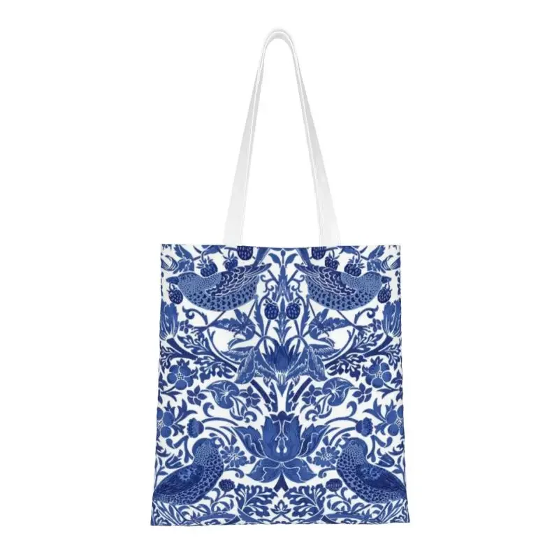 Porcelain Blue Oriental Bird Pattern Groceries Shopping Tote Bag Chinoiserie Canvas Shopper Shoulder Bags Big Capacity Handbags