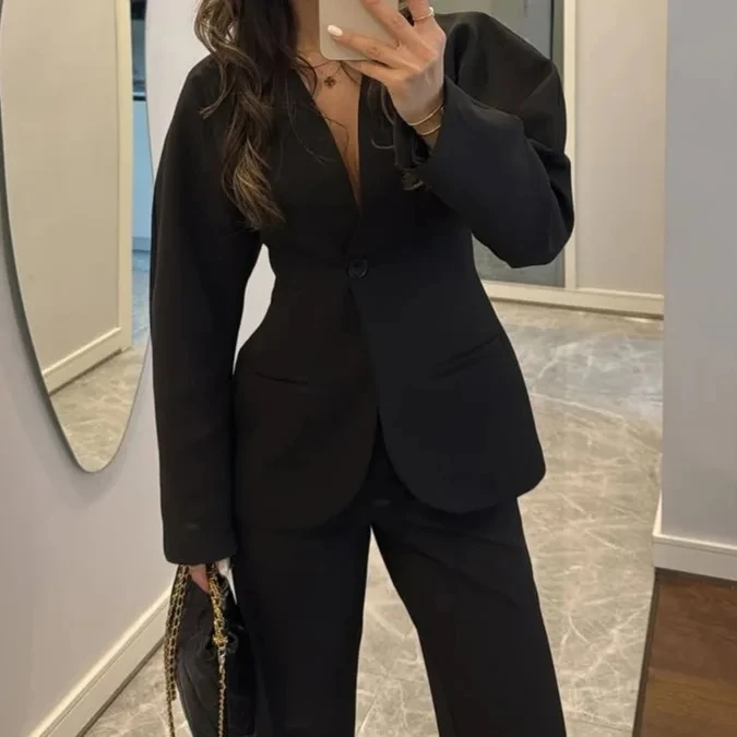 

2025 New Women Black V Neck Waist Tie Pants Suit Professional Office Commute Elegant Business Formal Wear Premium Outfit