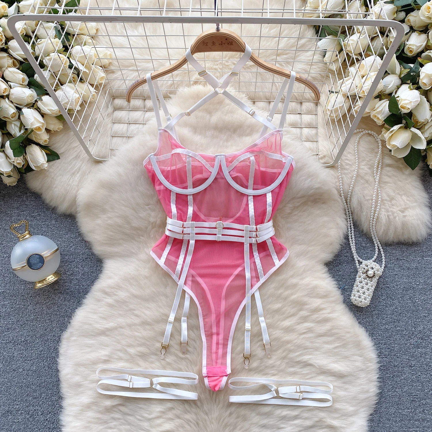 Women Hotsweet Mesh Vintage Straps Bodysuits Patchwork Jumpsuits Slim Bandage Top with Leg Rings Rompers Summer Beach Clothing