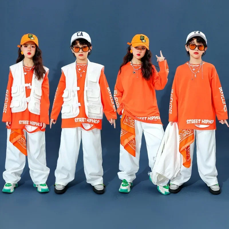 Kids Street Dance Hip Hop Clothing White Vest Orange Sweatshirt Baggy Pants Girl Boy Drum Jazz Performance Outfit Stage Costume