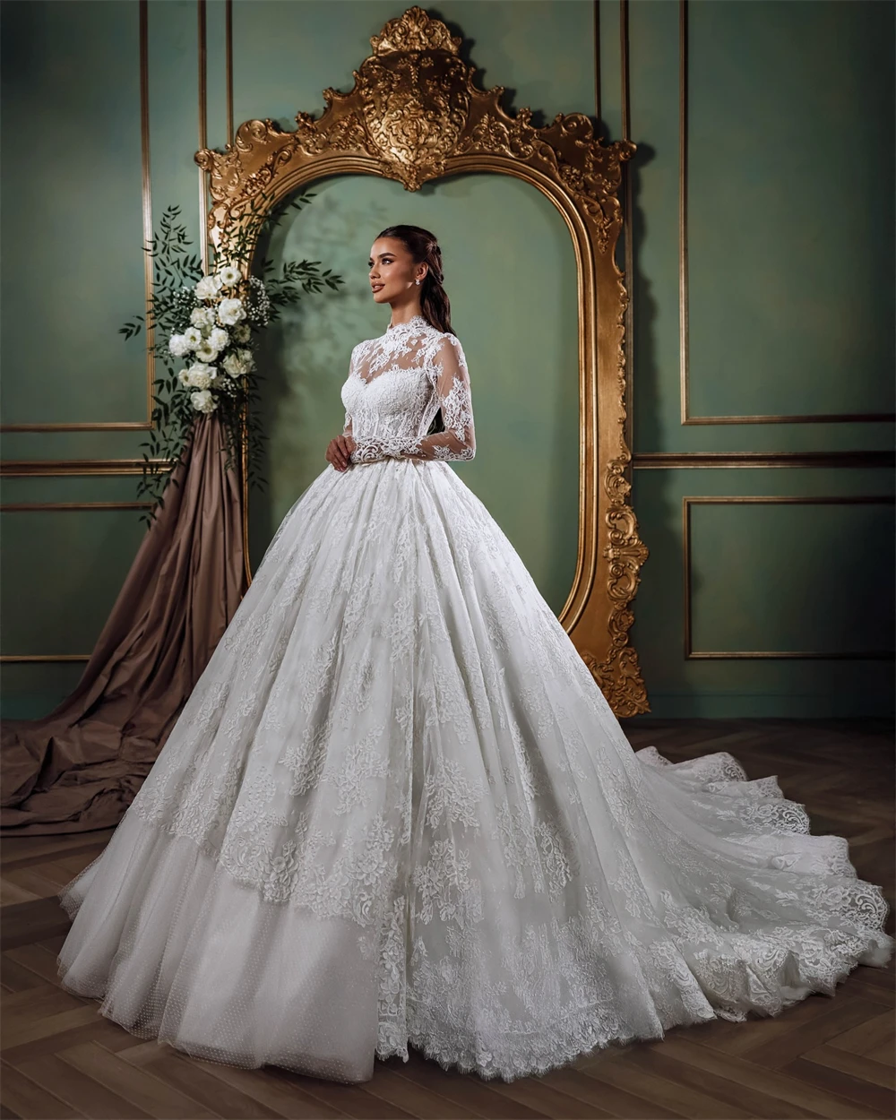 

Customized Boho White Lace Wedding Dress Dreamy O-Neck Long Sleeves Bridal Gowns Formal A-Line Court Train Vestido De Novia