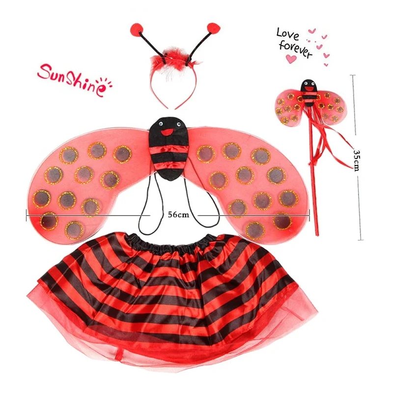 3/4Pcs Kids Girl Halloween Bee Costume Set Ladybug Wing Layered Tutu Skirt with Headband Wand Baby Cosplay Party Dress Up Outfit