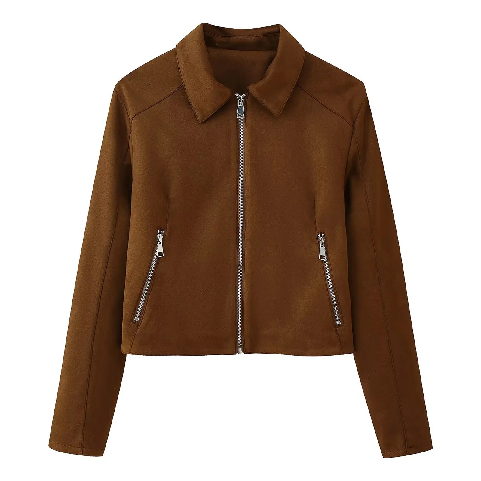 Women Faux Suede Jacket Outerwear Stylish Long Sleeve Zip-up Side Zipper Pockets Coat for Daily Causal Office Weekend Getaway