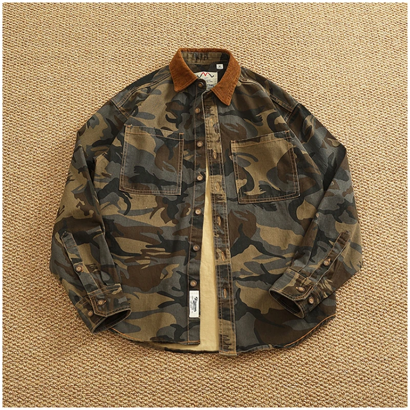 Make old all-cotton washed camo work shirt men's military style corduroy patchwork lapel shirt jacket