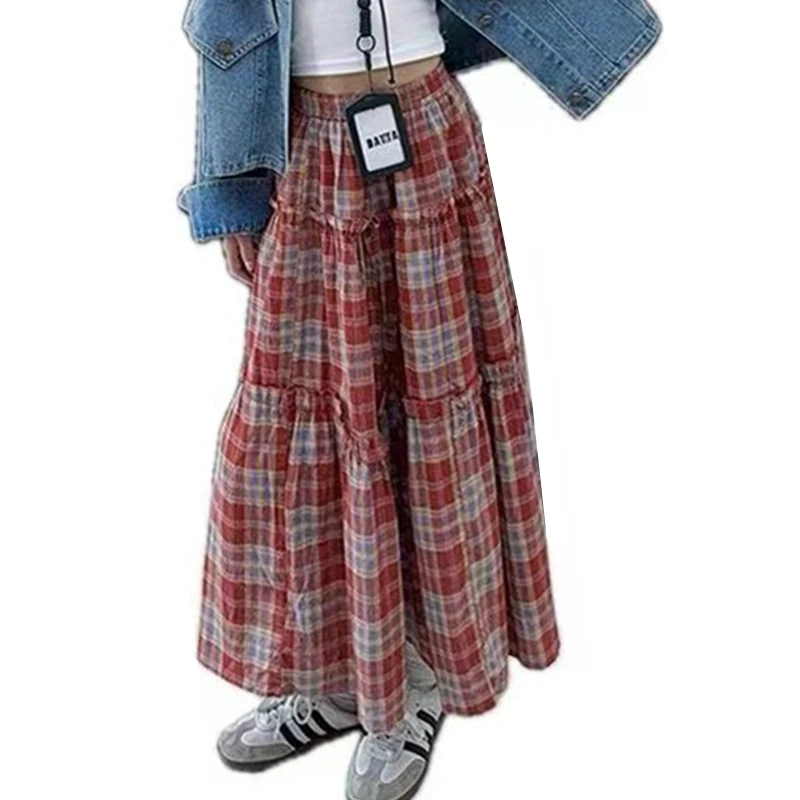 

Vitage Children Red Plaid Skirt for Girls Kids Luxury Fashion Clothing for Teens Autumn School Girl Long Style Plaid Skirt 5-14T