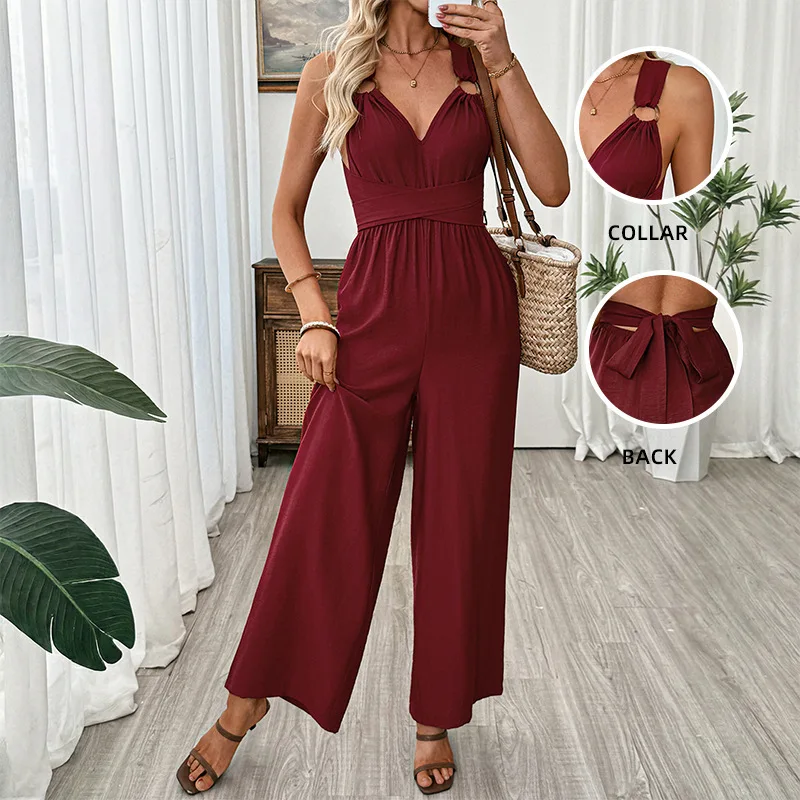 Women's Boho Burgundy Cami Jumpsuit with Straps, Sleeveless V-Neck Maxi Length with Tassel Details, Perfect for Fall Style