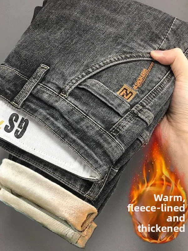 

Men's Fce Lined Thiened Denim Jeans Elastic Slim Fit Straight Leg Korean Sle Casual Versatile Long Pants Autumn Winter