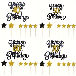 7pcs set Black Gold Glitter Adult Birthday Party Cake Topper 21 30 40 50 60 70 Years Old Birtday Cake Decoration Cake Supplies