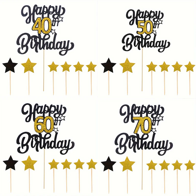 7pcs set Black Gold Glitter Adult Birthday Party Cake Topper 21 30 40 50 60 70 Years Old Birtday Cake Decoration Cake Supplies