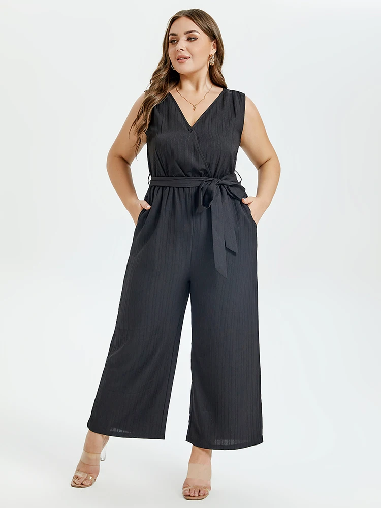 Plus Sized Clothing Women Sleeveless Solid Elegant Summer Black V-Neck Belted Wide Leg Tank Jumpsuit with Pockets Playsuits