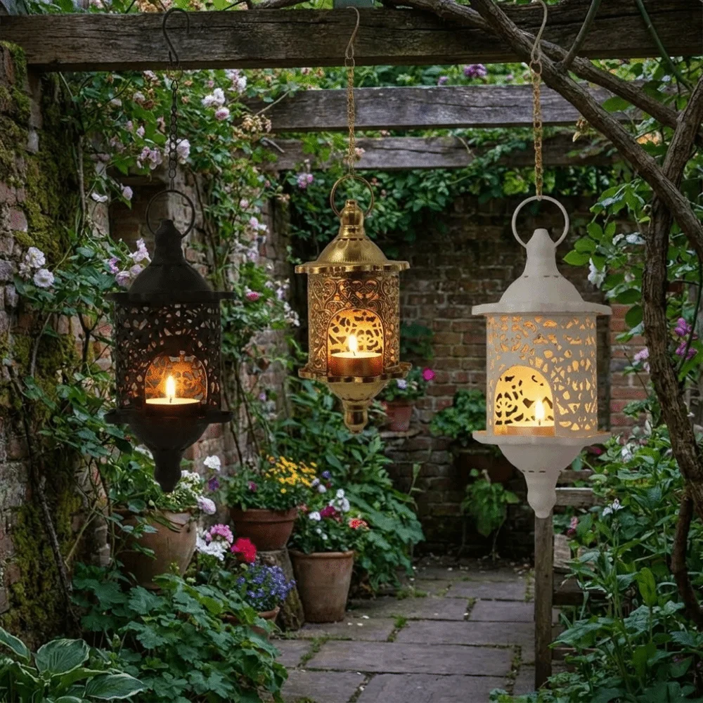Morocco French Style Hollow Birdcage Lantern Iron Romantic Hollow Metal Candlestick Vintage Hanging Candle Holder Garden