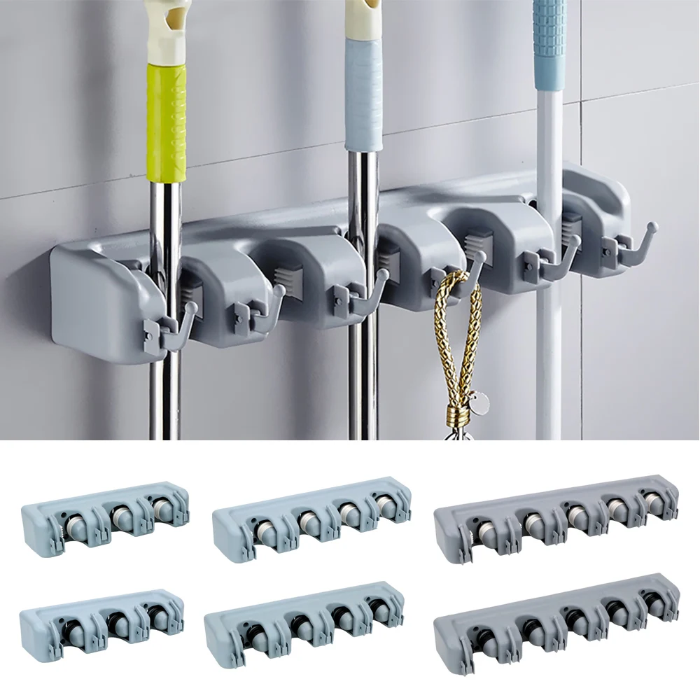 Soporte de Escobas Montado en Pared, 3 Estilos, Almacenamiento Multifuncional para Cocina, Soporte Mágico de Plástico para Escobas y Fregonas