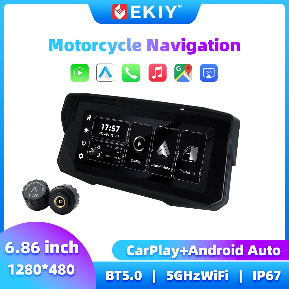 

EKIY Motorcycle Carplay 6.86 Inch Monitor Wireless Carplay Android Auto Display Motorcycle GPS Screen for Motorcycle Navigation
