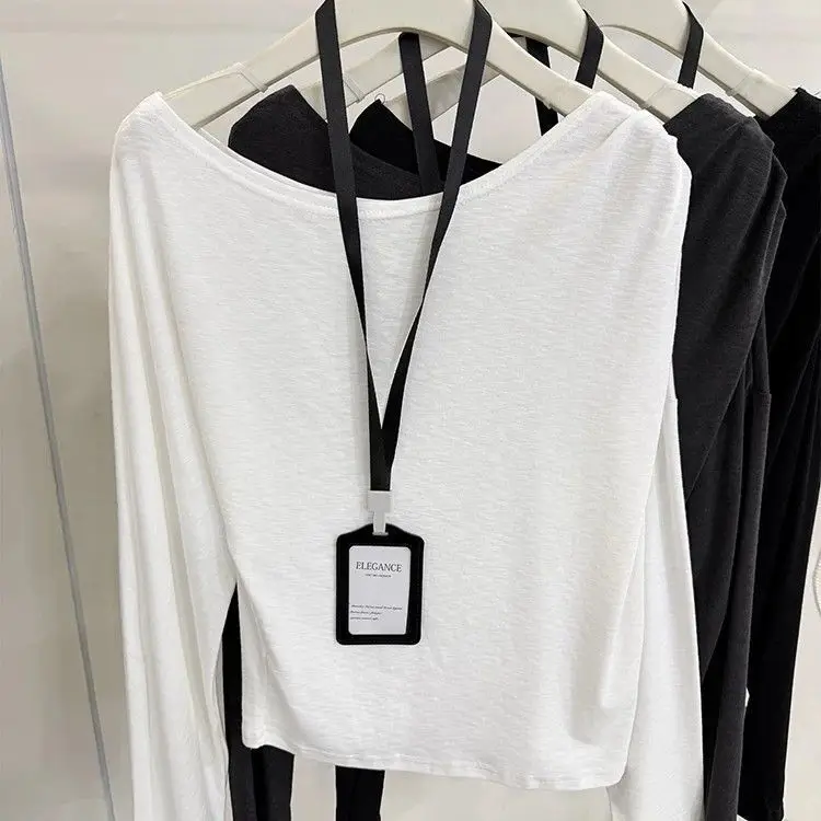 Korean Style Lazy One Shoulder Long Sleeve Women's T-shirt Early Autumn New Loose Slim Folded Base Shirt Top Breathable Cotton