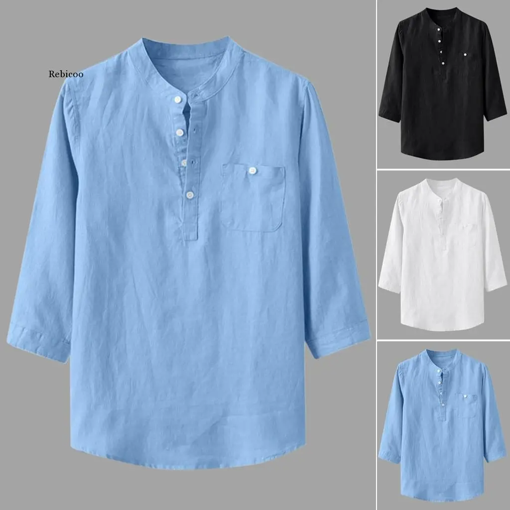 

Men's Shirts Cotton Linen Solid Pocket Button V-neck Daily Shirt Vintage Casual Beach Autumn Summer Man Oversized Shirts 2022