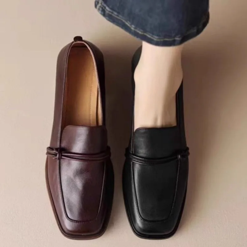 Classic Loafers Women Genuine Cow Leather Square Toe Pumps Slip-on Retro Lady Casual Cozy Shoes Handmade Size 40