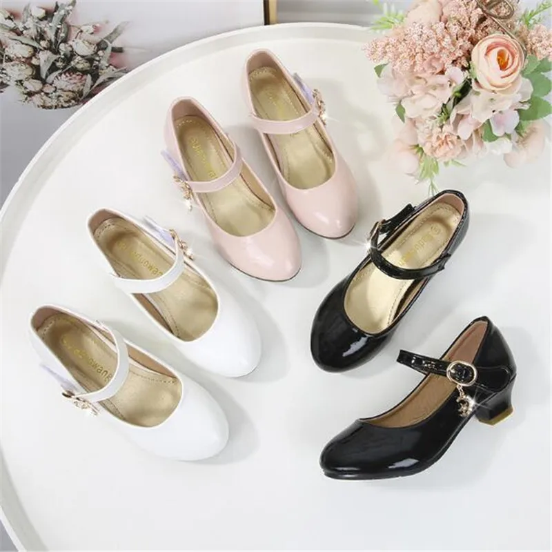 Children Princess Shoes for Girls Sandals High Heels Female Wedding Party Dress Shoes Black White Pink 26-38