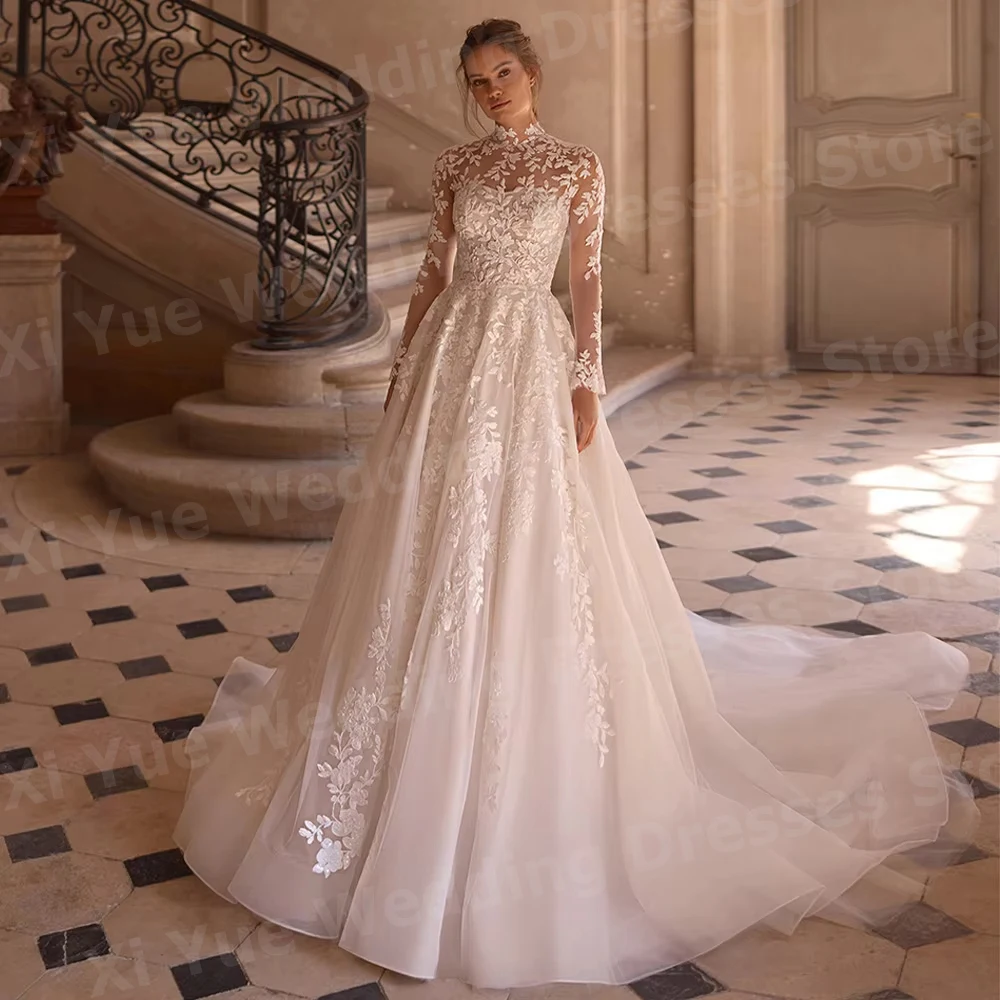 Robe De Mariée luxueuse ligne A en dentelle pour femmes, avec des Appliques, manches longues, personnalisée, 2026