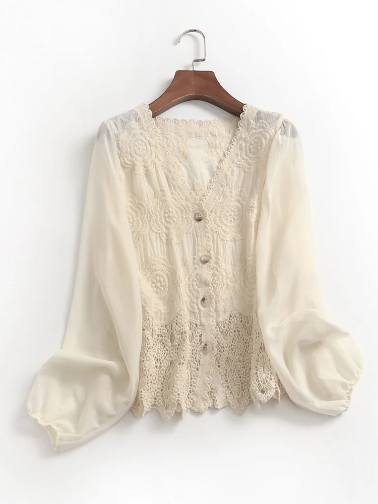 

Elegant V-Neck Long Sleeve Lace Open Cardigan Women's Shirt Hollow out Design Spring Fashion 2023 Versatile Straight Cut Cotton