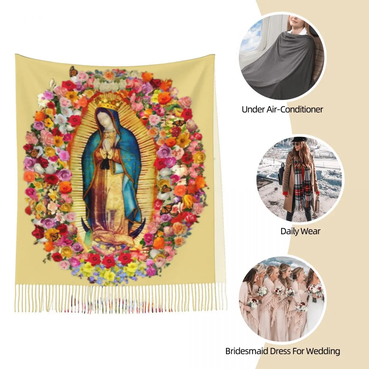 Our Lady Of Guadalupe Mexican Virgin Mary Scarf for Womens Fall Winter Shawls and Wrap Large Shawl Scarf Ladies