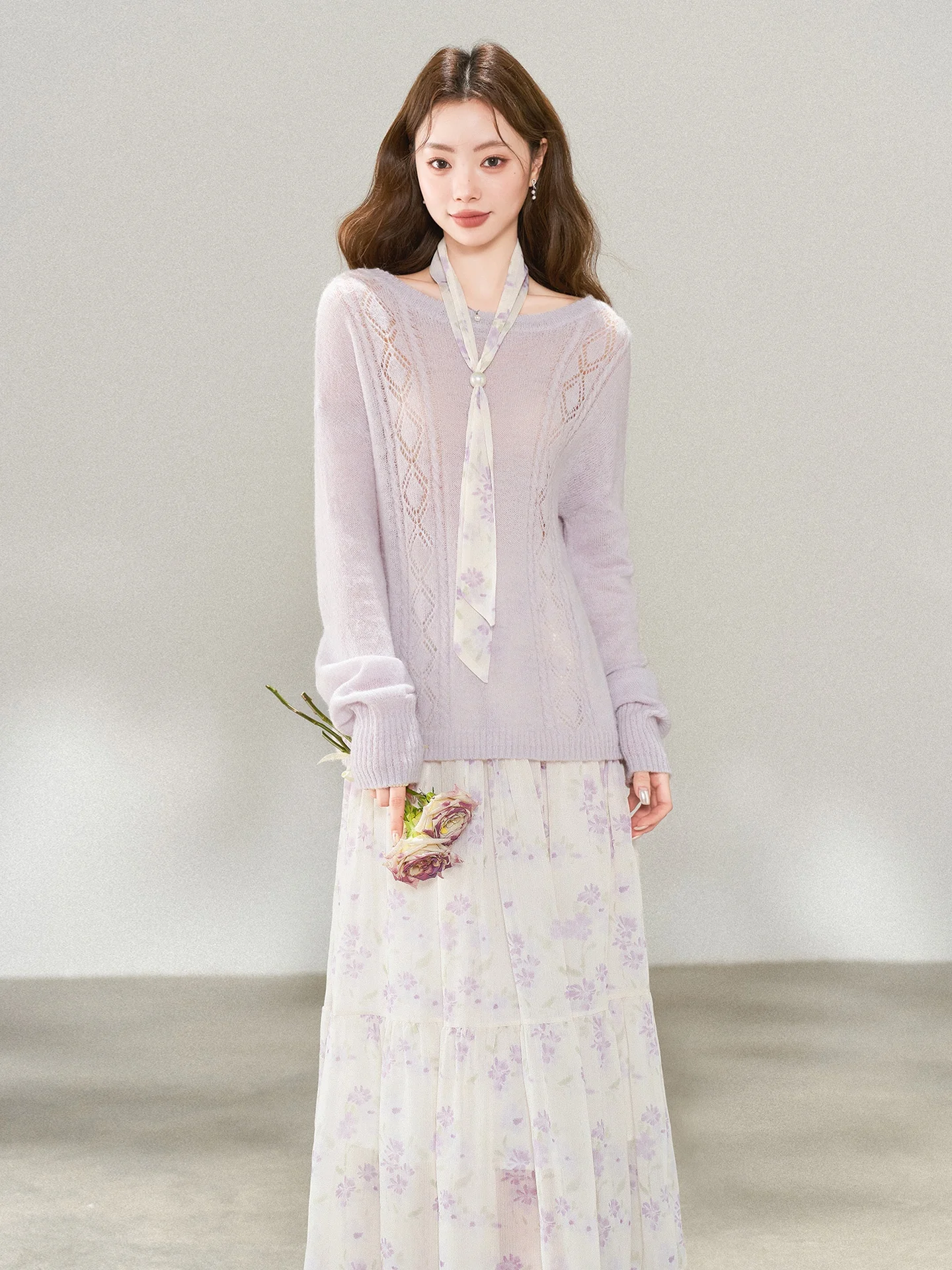

Korean Style Thin Knitted Shirt And Half Skirt Set Women's Fashion Spring Autumn New Arrival Tagkita Brand Floral Patterned