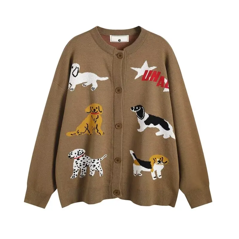 2024 Puppy Sweater Cardigan For man Women Vintage Kawaii Cartoon Printed Dogs Grey Knitted Coat y2k couple Korean Streetwear