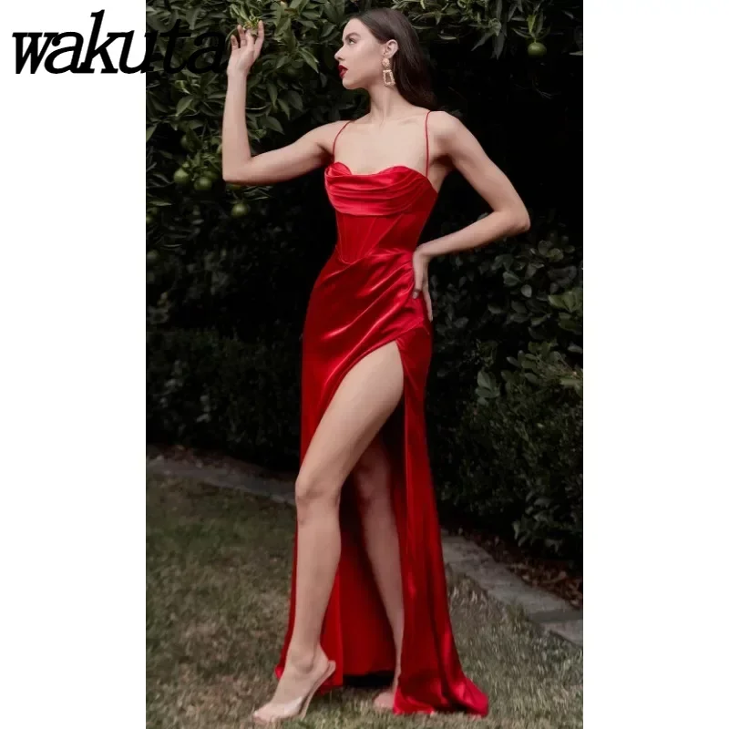 

Wakuta Sexy Spaghetti Strap Evening Dress Satin Mermaid Prom Gowns 2024 with Side Split Party Vestidos فساتين مناسبة رسمية