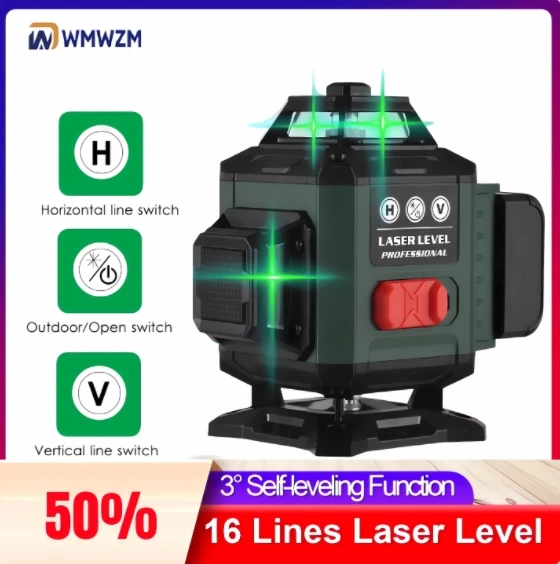 High Precision 360 Self-leveling Laser Level Instrument with 3000mAh Battery High Power Green Laser 4D 8/12/16 Lines Laser Vert