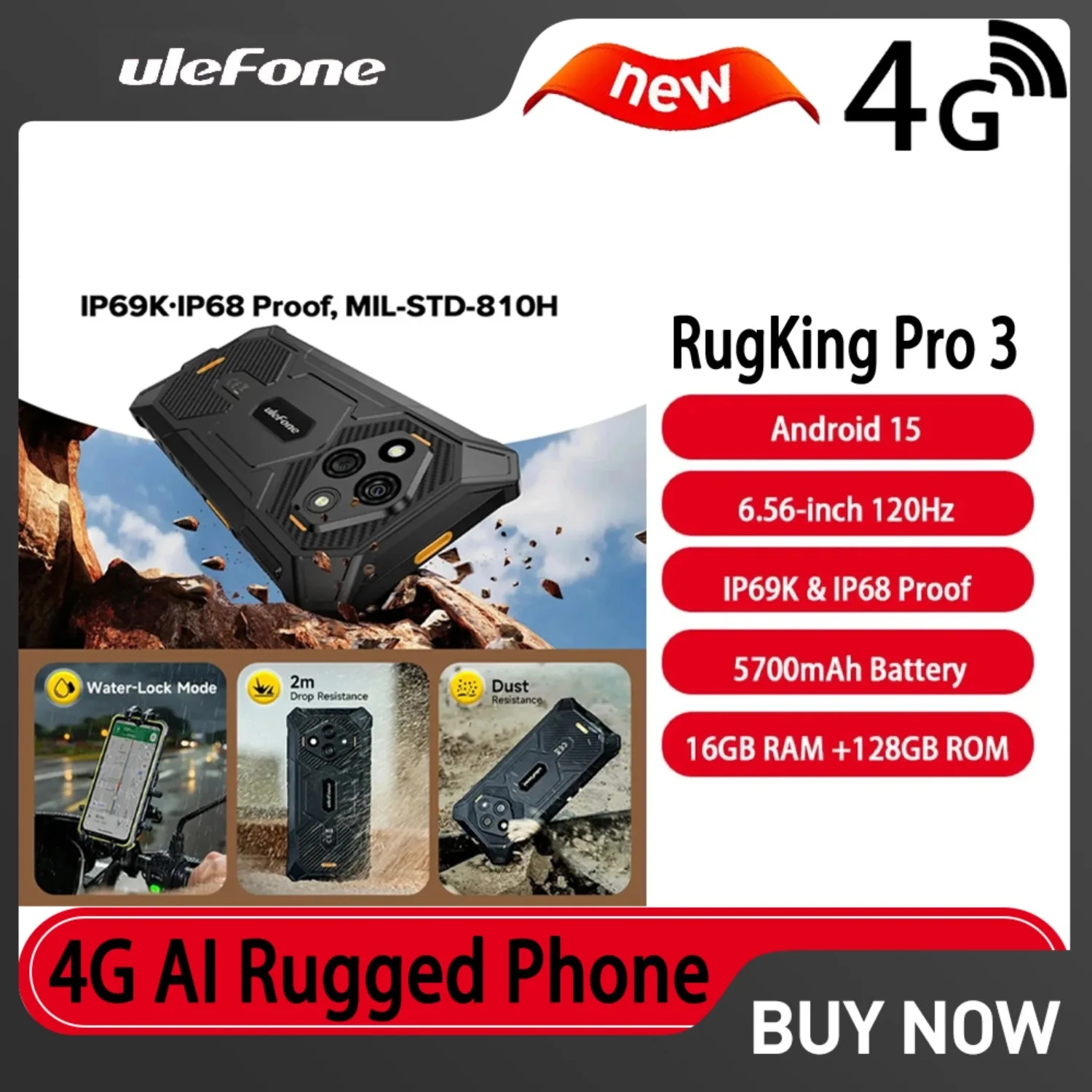 Telefone Rugged Global Ulefone RugKing Pro 3 4G AI com Tela de 6,56 polegadas 120Hz 5700mAh Lente Macro de 48MP 2MP Android 15 16GB RAM 128GB ROM NFC