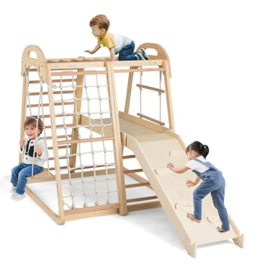 

Indoor Jungle Gym 8-in-1 Toddler Climbing Toy w/Slide Swing Monkey Bar Ladder Climbing Ramp Resting Platform Wooden Montessori