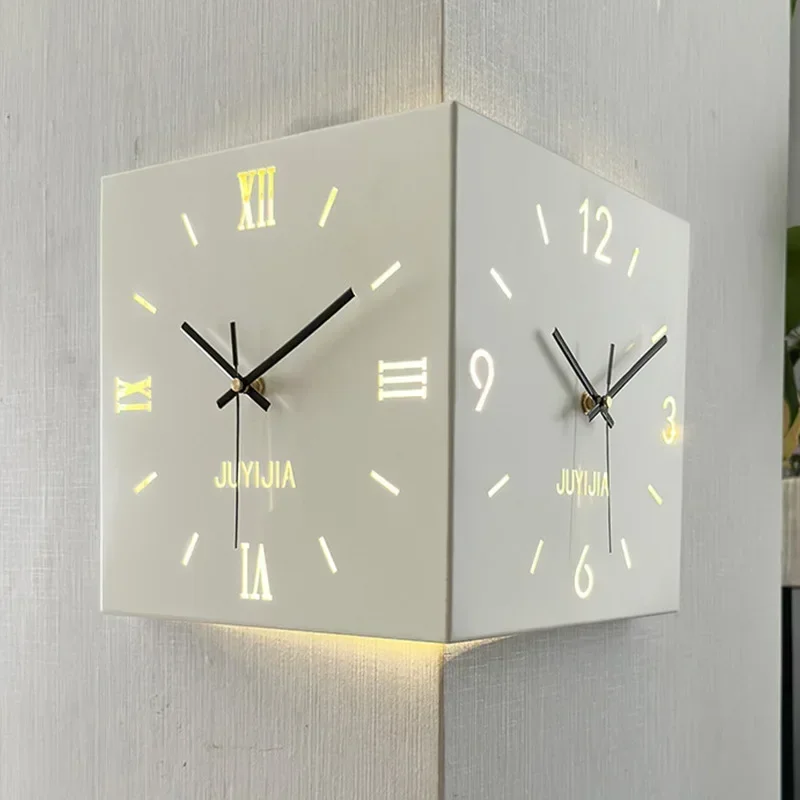 Nordic Wall Clock Lights Corner Double Sided Wall Clocks Square Living Room Clock Roman Minimalist Design Clocks Modern Stylish