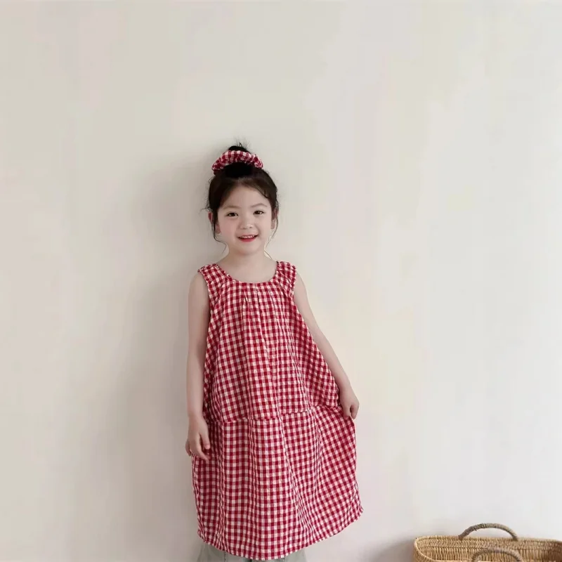 

Children's clothing, girls' plaid sleeveless tank dress2026New summer children's clothing with headbands included