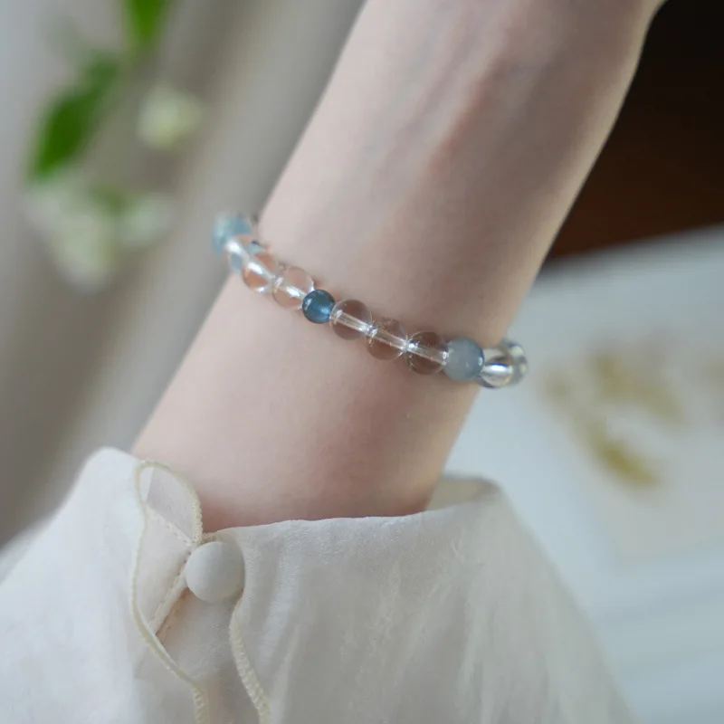 Chinese Style 8mm Natural Clear Crystal Aquamarine Handstring Lucky Fortune Blessing Auspicious Bracelet For Women Couple Gift
