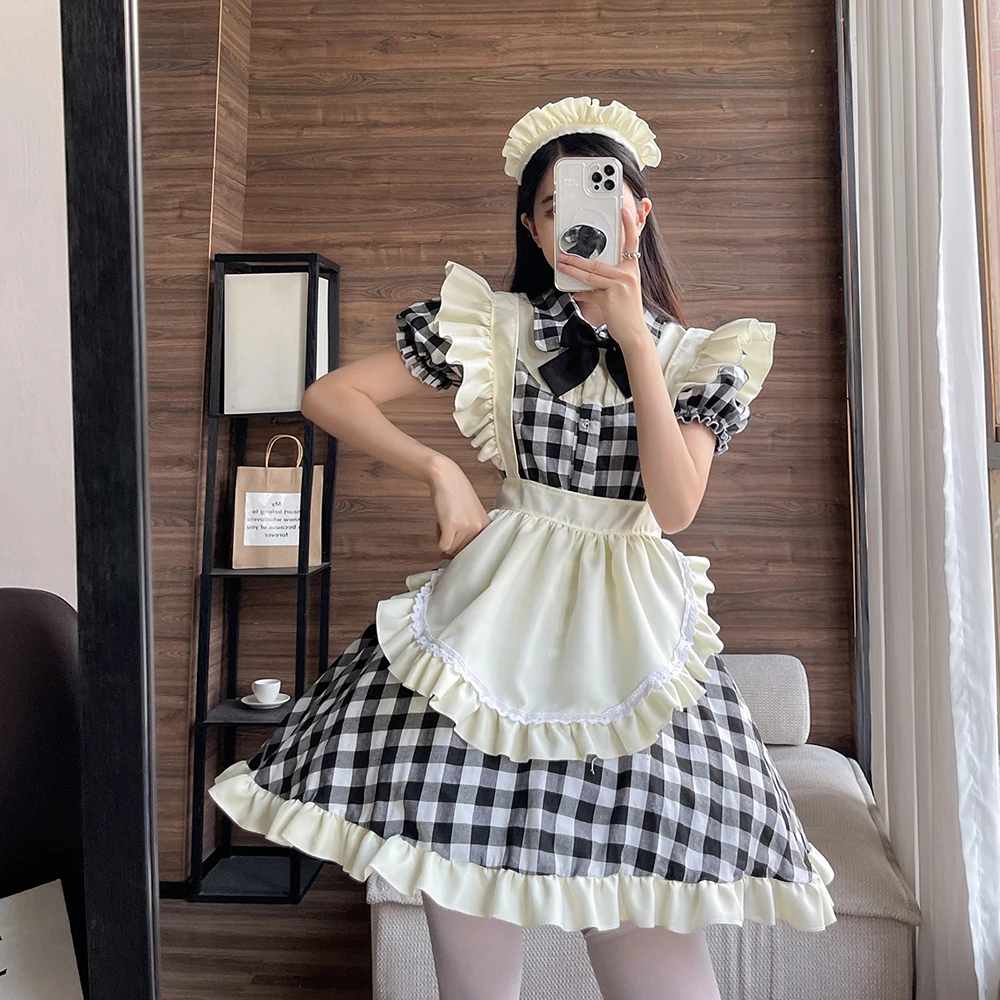 Halloween Cosplay Kostuum Plus Size Lolita Meid Uniform Schattige Schort Jurk Animatie Show Rode Geruite Meid Outfits Kawaii Kleding