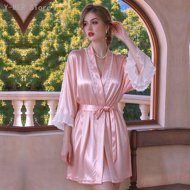 Women Elegant Ice Silk Wedding Morning Robe Pearl Tulle Lace Trim Bridal Bathrobe Soft Kimono Sleepwear Home Nightgown