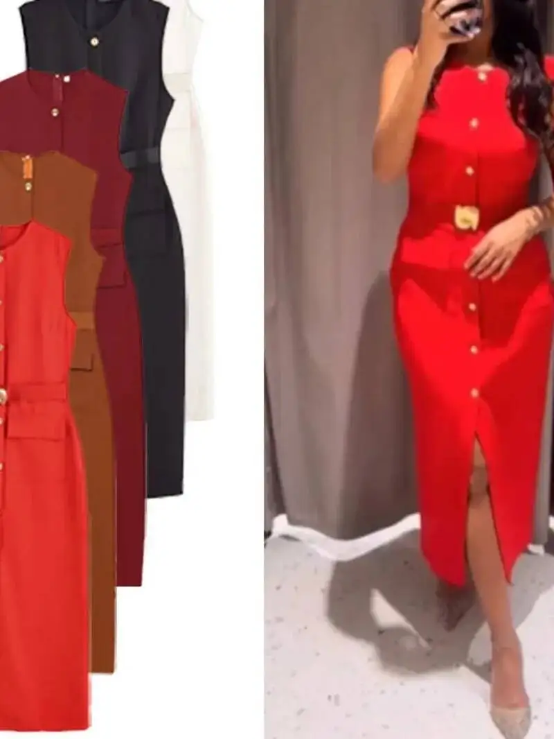 Damskie czarne sukienki z paskiem, długie sukienki, letnie sukienki damskie 2026, codzienne sukienki midi bez rękawów, sukienki zapinane na guziki, dopasowane sukienki 9COH