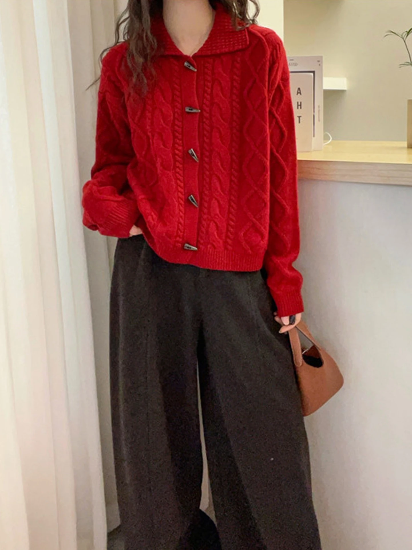 

Красный вязаный свободный длинный свитер-свек, модный новогодний наряд, корейский повседневный зимний модный женский свитер...