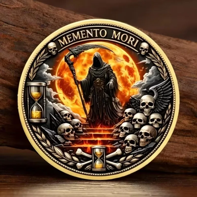 2D Flat Memento Mori Grim Reaper Skull Hourglass Commemorative Coin Marcus Aurelius Stoic Quote Gothic Golden Collectible Token