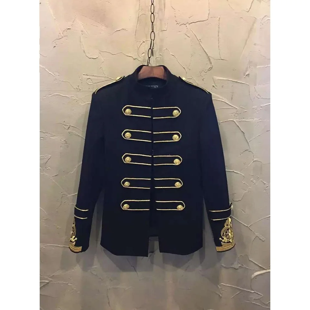 

Baroque Style Men's Jacket With Embroidery Gold Thread Double-breasted Woolen Suit Tsand Collar Performance Singer Plus Size