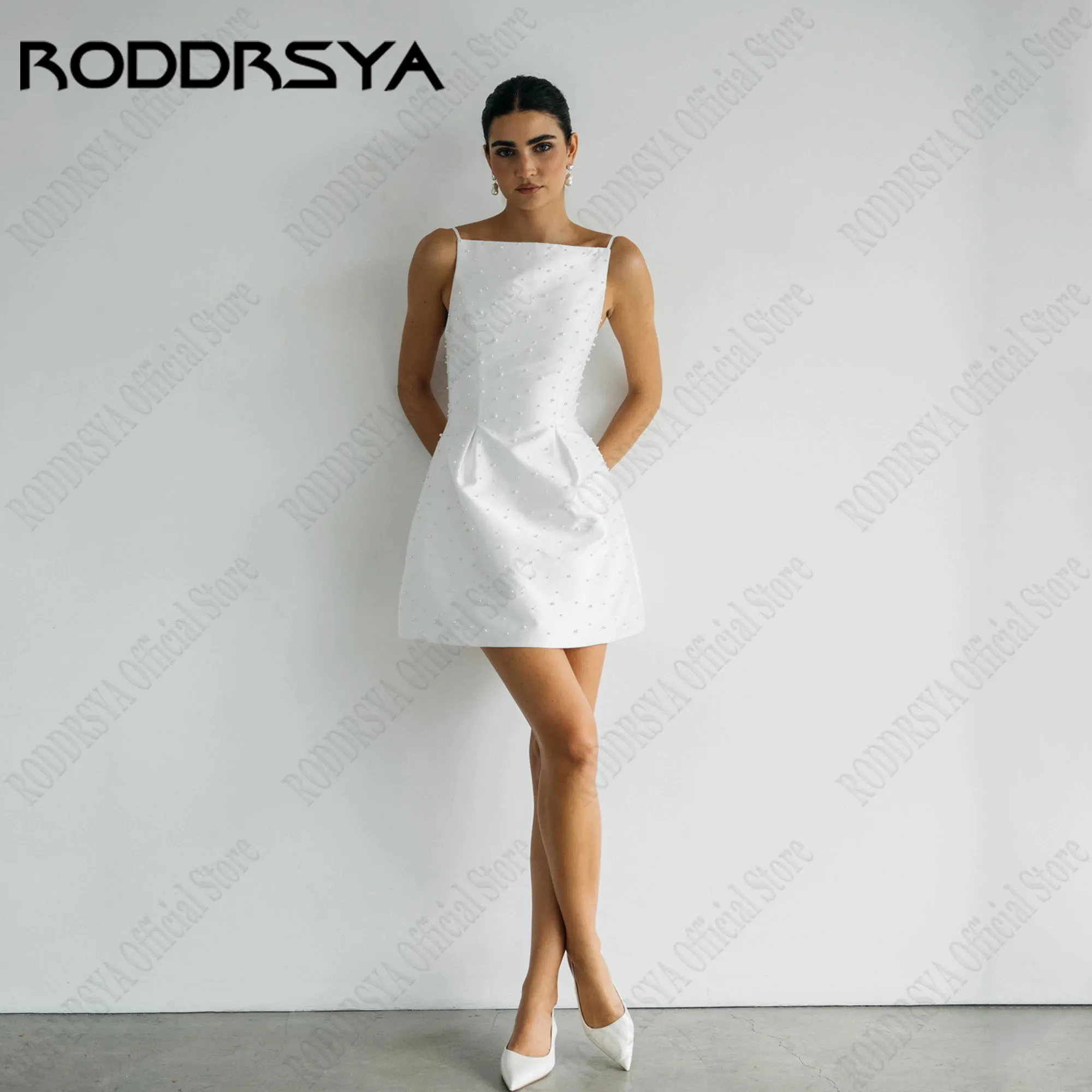 

RODDRSYA Spaghetti Straps Dress For Bride Pearls A-Line Backless Short Wedding Gowns Satin Sleeveless robe de mariée Customized
