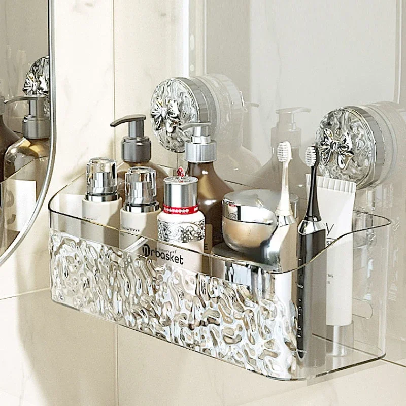 

Shower Suction Cup Shelf Basket Light Glacier Pattern One Second Installation bathroom Organizer Storage Rotating to Suck Remove